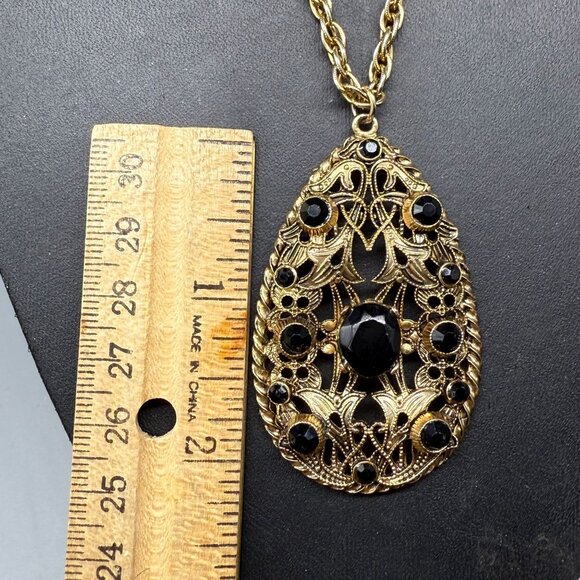 Black Rhinestone Crystal Floral Filigree Teardrop Pendant Chain Long Necklace - Picture 2 of 5
